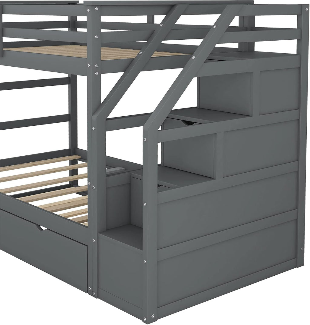Harper & Bright Designs Twin-Over-Twin Bunk Bed with Twin Size Trundle and 3 Storage Stairs, Trundle Bunk Bed, Staircase Can be Installed on Right or Left Side (Gray)