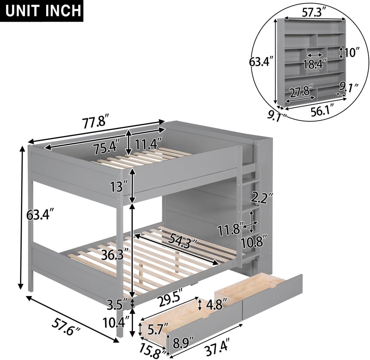 Full Over Full Bunk Bed with Bookcase and Drawers,Wooden All-in-one Furniture Set with Multi-Layer Cabinet for Kids Girls Boys-Gray