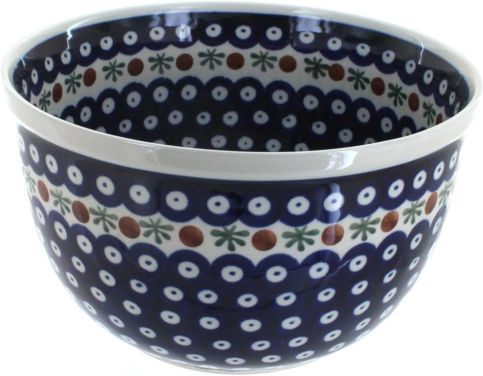 Blue Rose Polish Pottery - Blue Nature Medium Mixing Bowl - 8 Cup Capacity - Polish Pottery Ceramic Bowl for Baking, Mixing & Serving