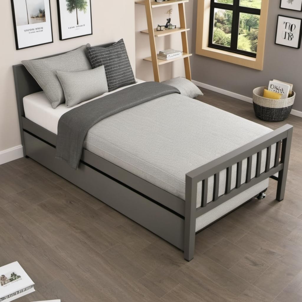 PVWIIK Twin Daybed with Trundle for Kids Bedroom,Wood Platform Bed Frame with Headboard and Footboard for Small Living Space,No Box Spring Needed,Grey