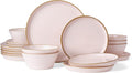Famiware Saturn Plates and Bowls Dish Sets for 6 (18 Pieces), Stoneware Dinnerware Set with Hand-Painted Trim - Chip & Scratch Resistant, Microwave & Dishwasher Safe Ceramic Dishes, Light Pink