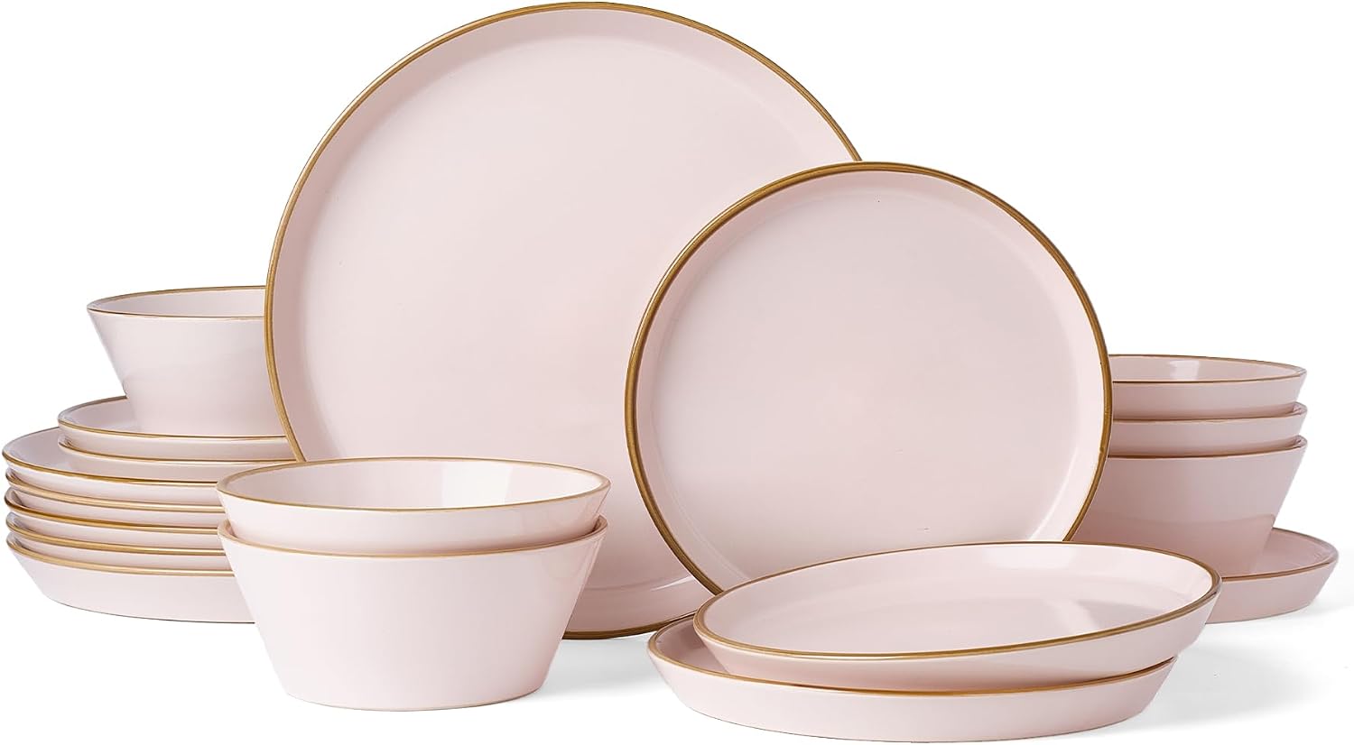 Famiware Saturn Plates and Bowls Dish Sets for 6 (18 Pieces), Stoneware Dinnerware Set with Hand-Painted Trim - Chip & Scratch Resistant, Microwave & Dishwasher Safe Ceramic Dishes, Light Pink