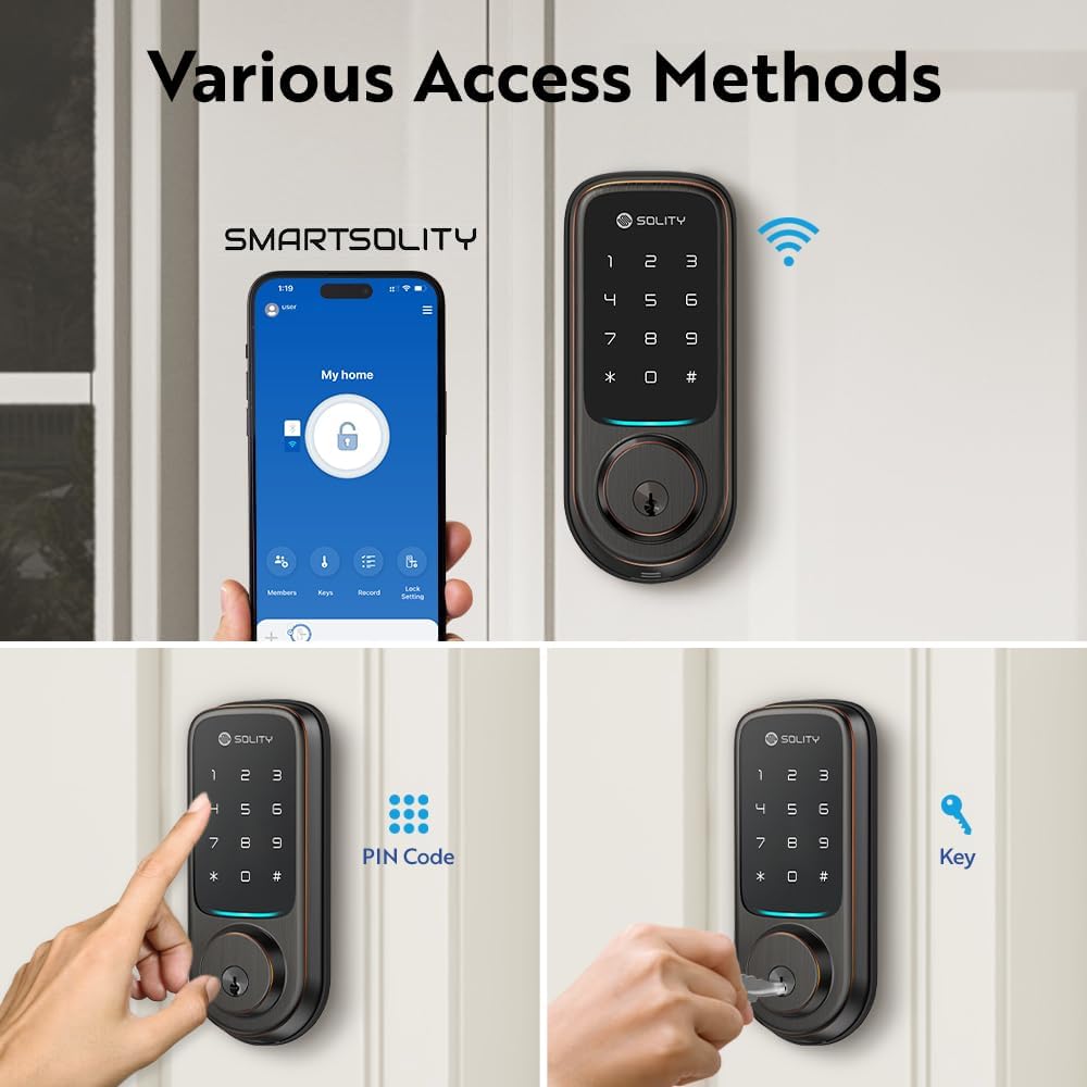 Solity No-Hub Smart Digital Door Lock, Designed in Korea, Keyless Entry, Wi-Fi, Remote Control, Touchscreen Keypad, Auto Lock, IP54 Waterproof GT10K Keypad (Oil Rubbed Bronze)