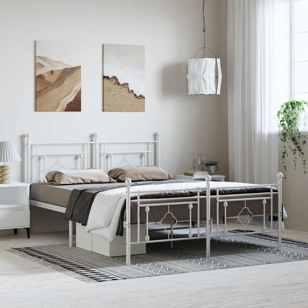 White Powder-Coated Steel Full Bed Frame with Headboard, 76x80 Inches, 4-Piece Set, Durable Metal Platform, Modern Bedroom Furniture