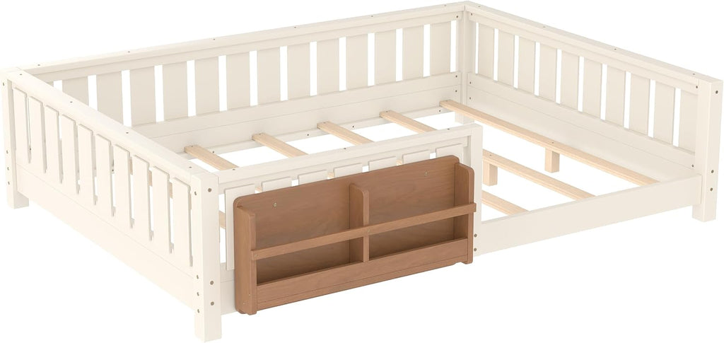 Bellemave Beige Light Natural Montessori Floor Bed with Fence and Slats, Queen Size Montessori Floor Bed with Bookcase and High Rails, Easy Assemble Bed Frame for Girls, Boys, Queen