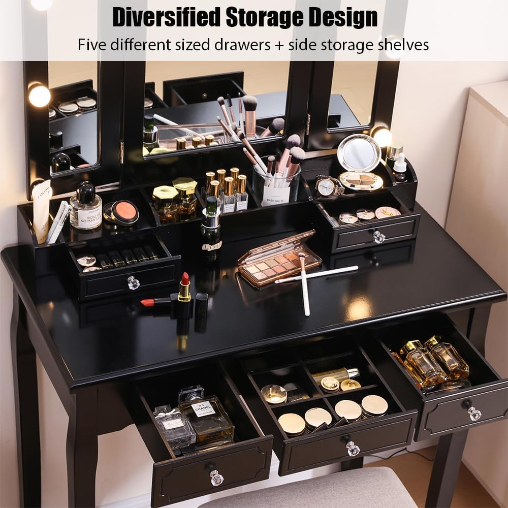 Makeup Vanity with Lights, Large Vanity Desk with 3 Lighting Modes & Adjustable Brightness Detachable Top Writing Desk Dressing Table with Drawers and Shelves for Bedroom, (Black)