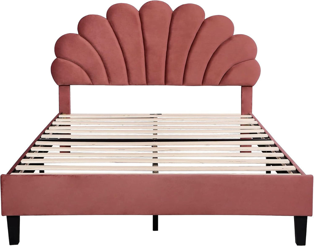 Merax Full Size Upholstered Platform Bed Wooden Frame with Flower Pattern Velvet Headboard for Bedroom,Boys Girls,Bean Paste Red