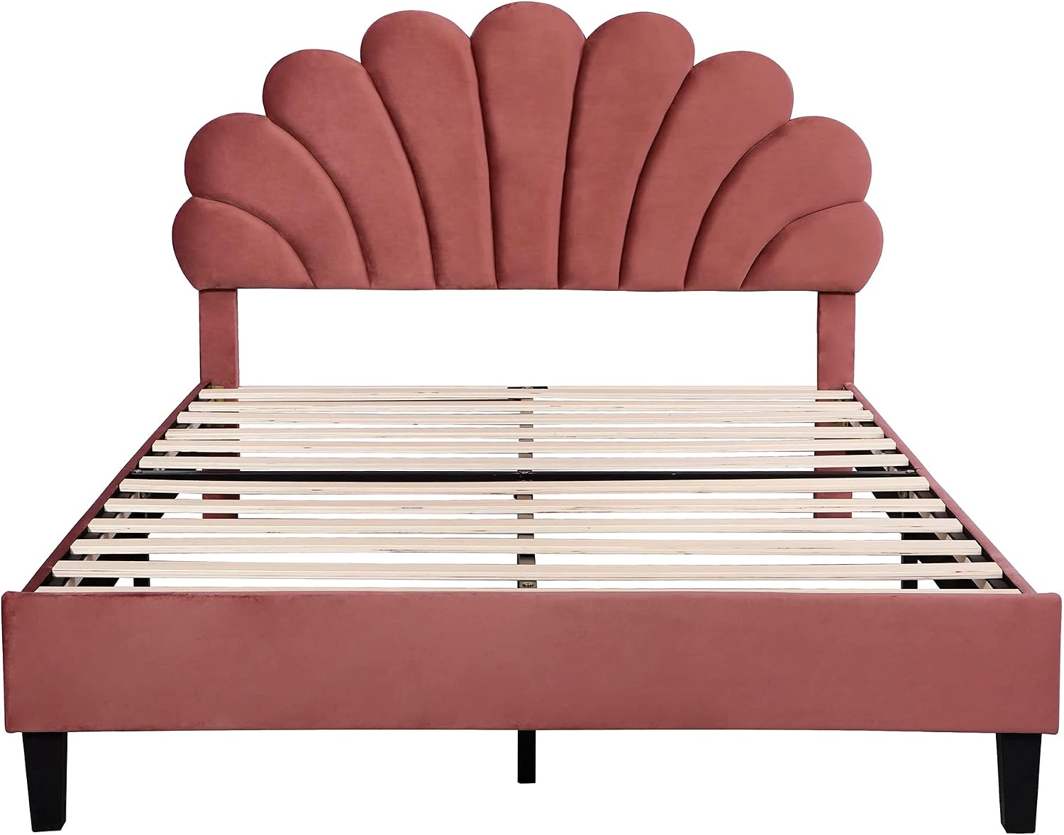 Merax Full Size Upholstered Platform Bed Wooden Frame with Flower Pattern Velvet Headboard for Bedroom,Boys Girls,Bean Paste Red