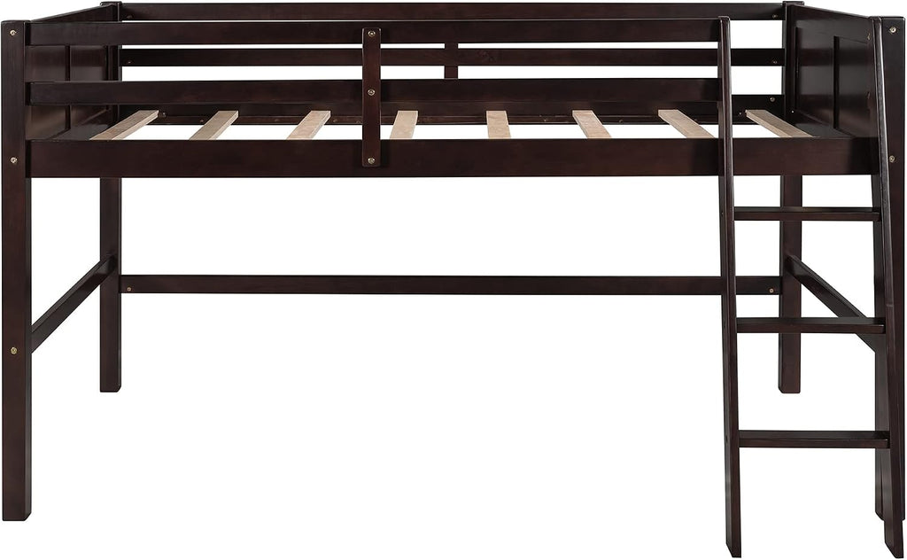 Twin Low Loft Bed with Inclined Ladder for Kids/Boys/Girls, Solid Wood, Full-Length Guardrail, No Box Spring Needed/Strong Slat Support (Espresso+Inclined Ladder)