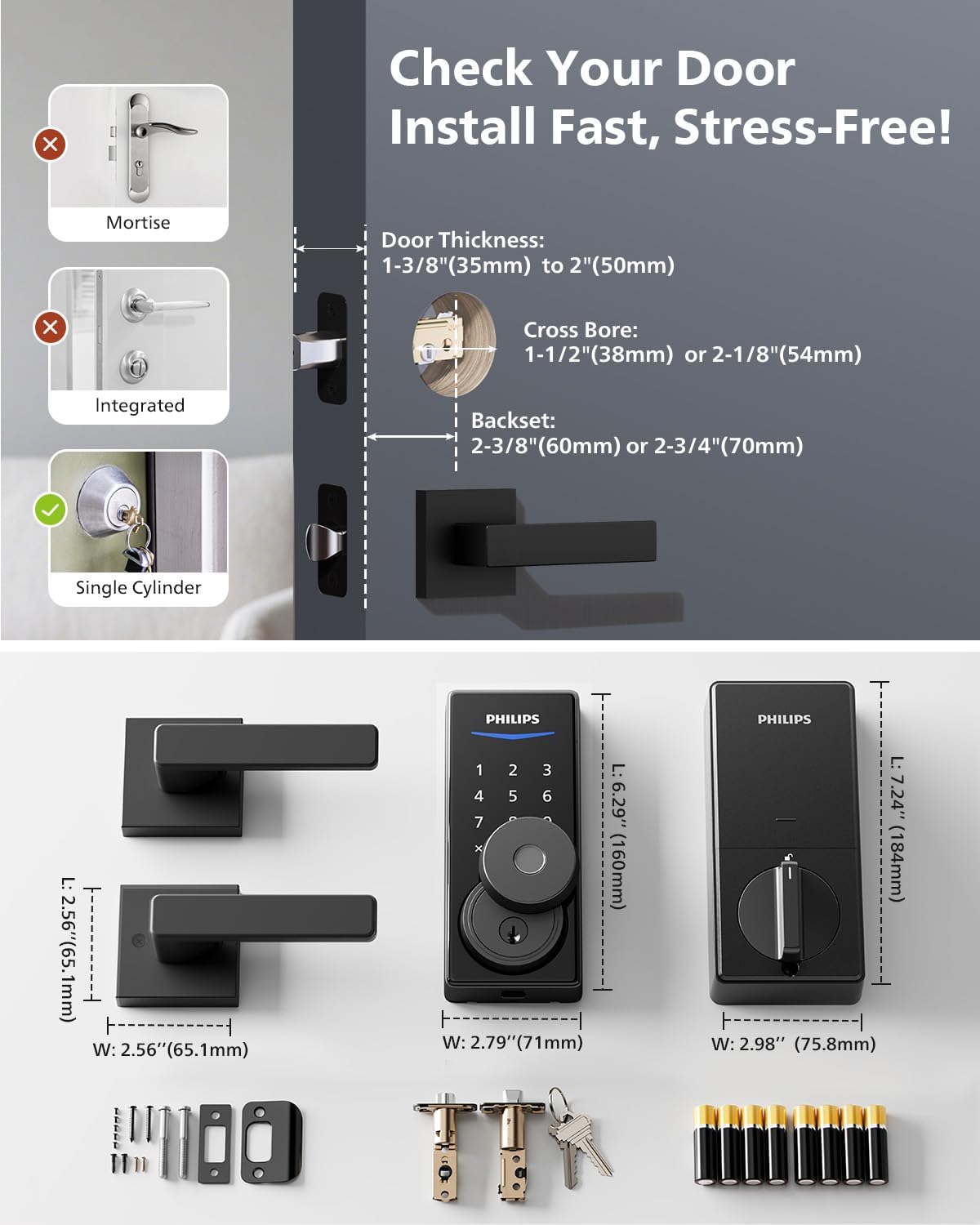 Philips Wi-Fi Smart Lock with Handles, WiFi Keyless Entry Front Door Lock Set, Keypad Deadbolt with Handle App Fingerprint Code Unlocking, Auto Locking, Built-in WiFi, Remote Control & Voice Unlock