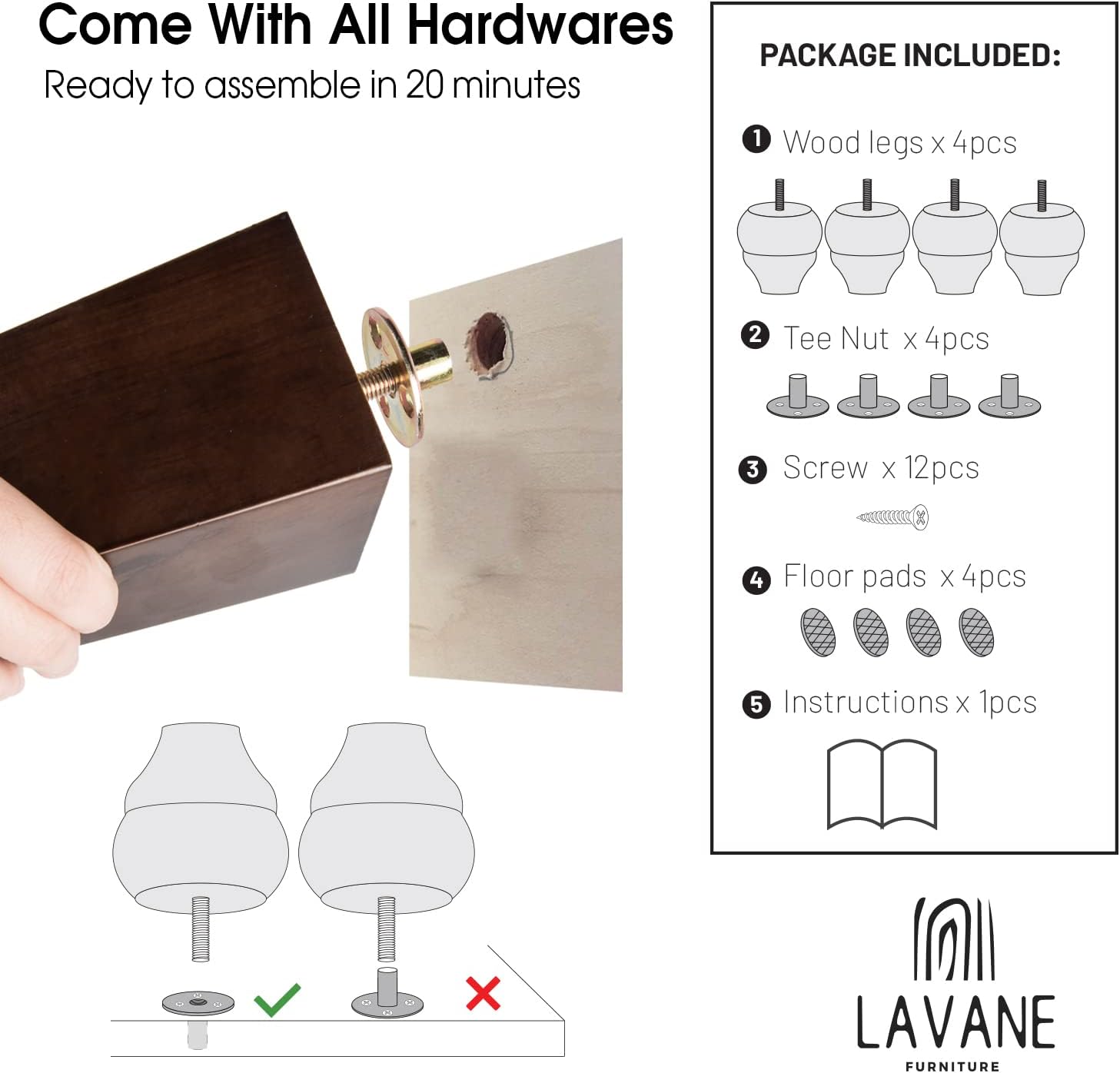 La Vane 30 inch / 75cm Wooden Furniture Legs, Set of 4 European Style Solid Wood Carving Unfinished Furniture Replacement Feet Decoration for Sofa Cabinet Wardrobe Table Loveseat