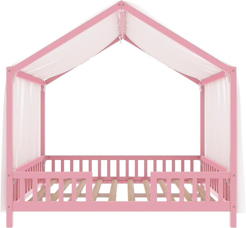 Full Montessori Floor House Bed with High Rails, Wood Kids Low Floor Bed with Roof & Canopy, Montessori Full Kids Bed Frame for Girls, Boys,No Box Spring Needed, Pink