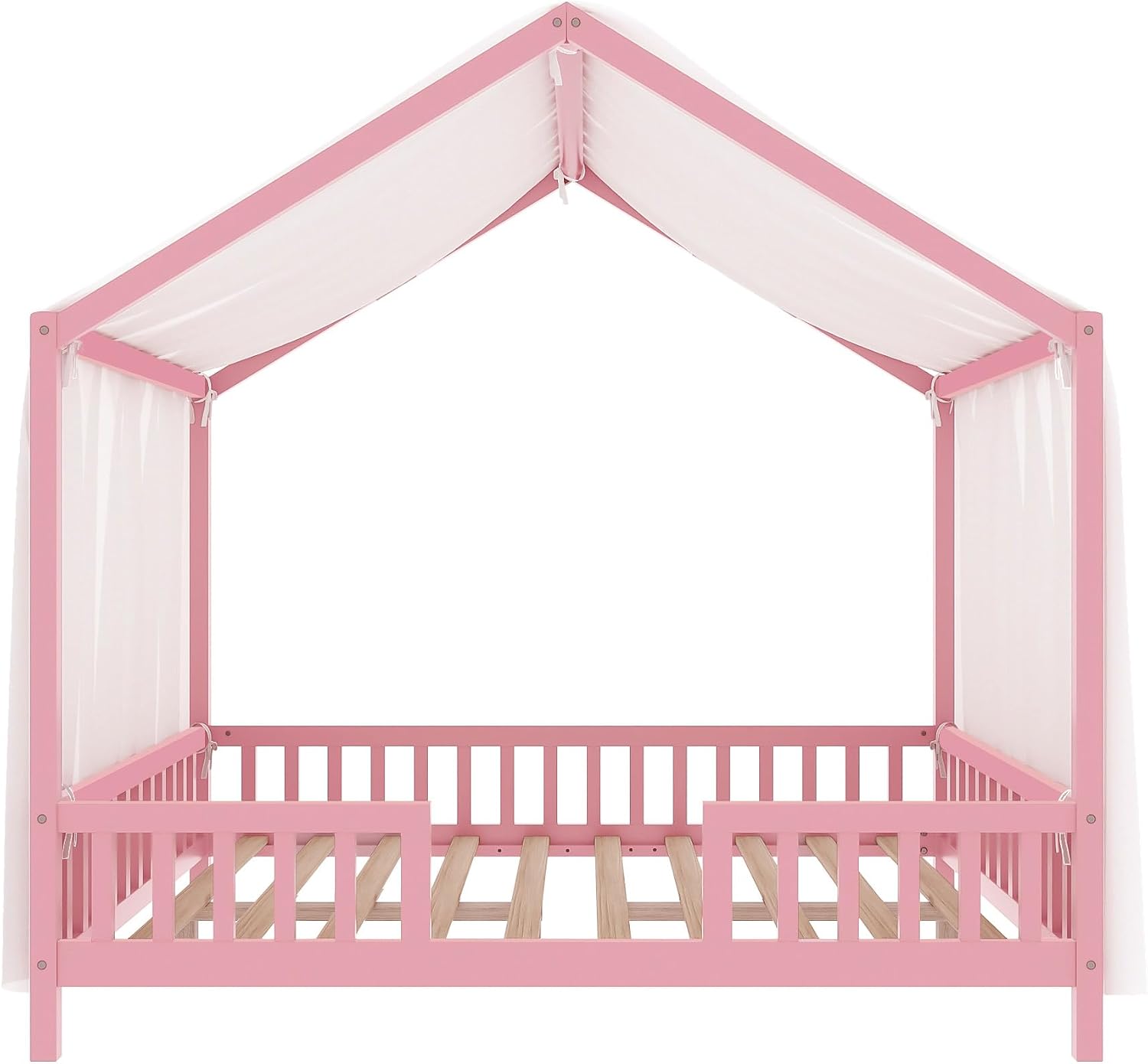 Full Montessori Floor House Bed with High Rails, Wood Kids Low Floor Bed with Roof & Canopy, Montessori Full Kids Bed Frame for Girls, Boys,No Box Spring Needed, Pink