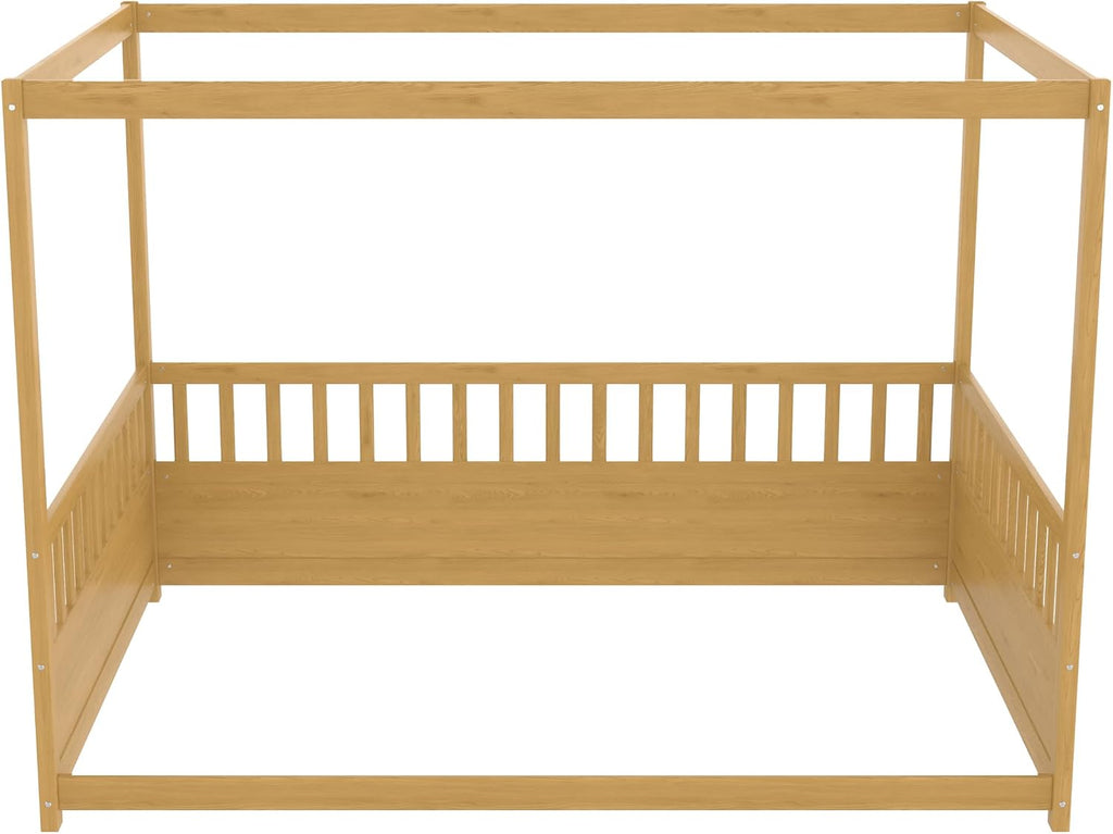 Full Size Canopy Bed Frame with Guardrails,Floor Bed Full with Four Poster Design,Montessori Floor Bed,Wood Canopy Bed Frame for Girls,Boys(Full,Natural)