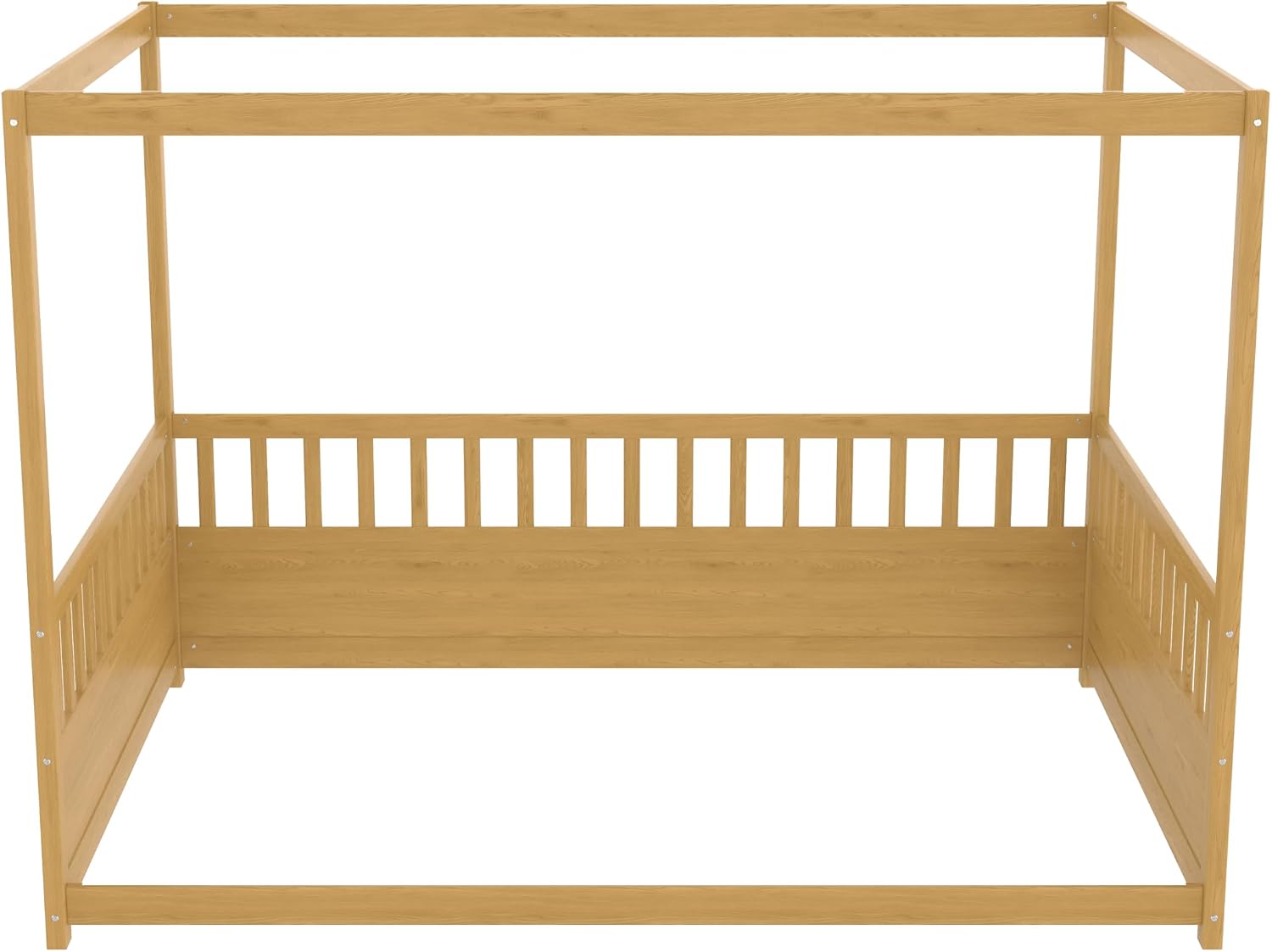 Full Size Canopy Bed Frame with Guardrails,Floor Bed Full with Four Poster Design,Montessori Floor Bed,Wood Canopy Bed Frame for Girls,Boys(Full,Natural)