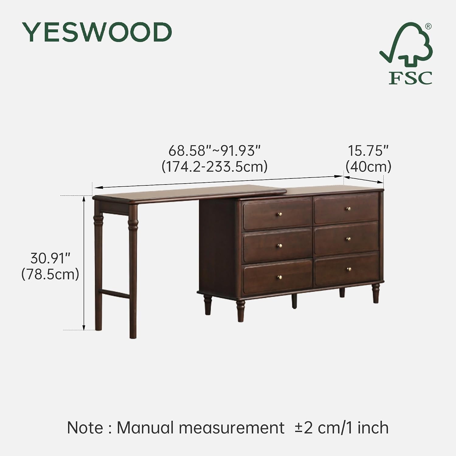 YESWOOD Large Vanity Desk with 6 Storage Dresser, Poplar Wood Adjustale Makeup Table for Girls, Vanity Set for Bedroom, Living Room, 97' D x 16' W x 31' H（no Chair no Mirror）