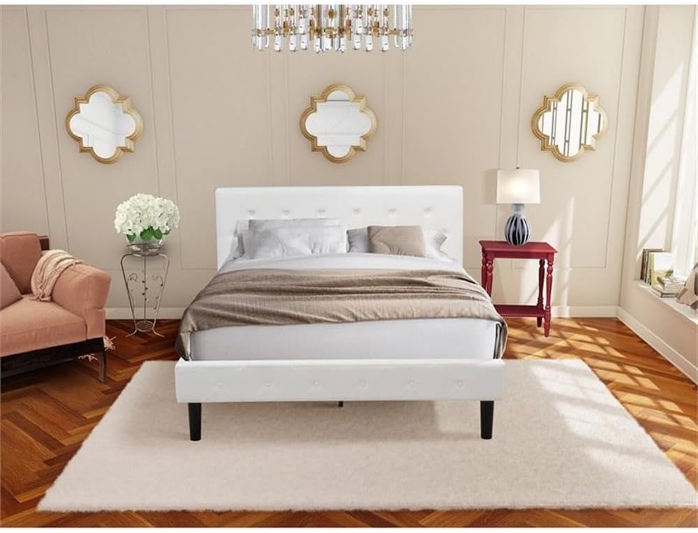 East West Furniture NL19Q-1BF13 2 Piece Queen Size Bedroom Set - Button Tufted Bed Frame - Linen white Velvet Fabric Upholstered Headboard and a Burgundy Finish Nightstand