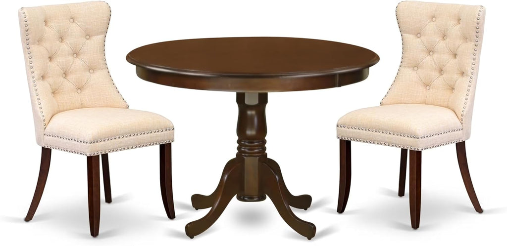 East West Furniture HLDA3-MAH-32 3 Piece Dining Set Consists of a Round Kitchen Table with Pedestal and 2 Polyester Fabric Upholstered Parson Chairs, 42x42 Inch, Mahogany