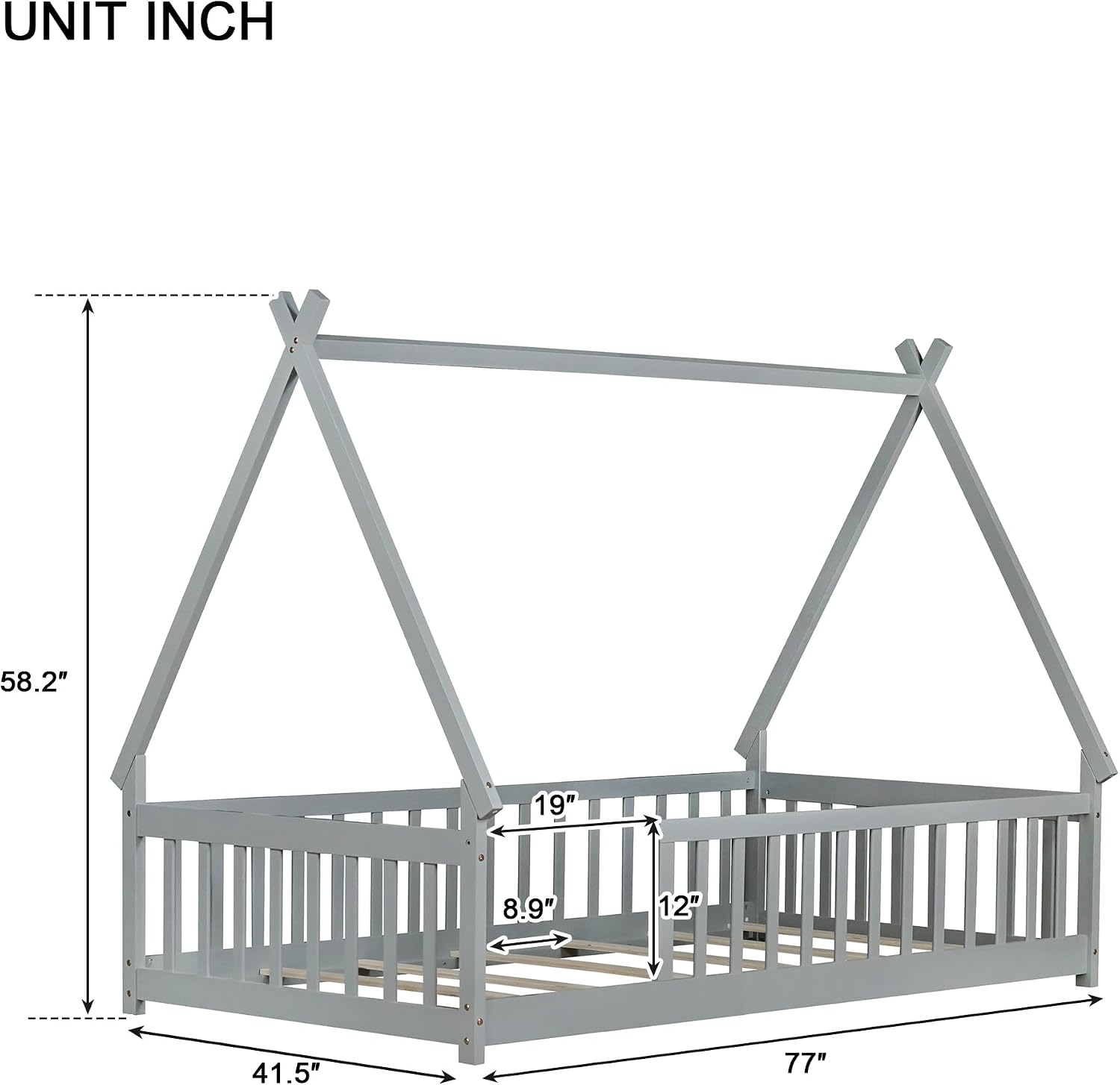 Twin Size Tent Floor Bed for Kids,Montessori Floor Bed with Fence，Floor Bed Frame Twin Size,Teepee Bed with Slats for Girls Boys,Grey
