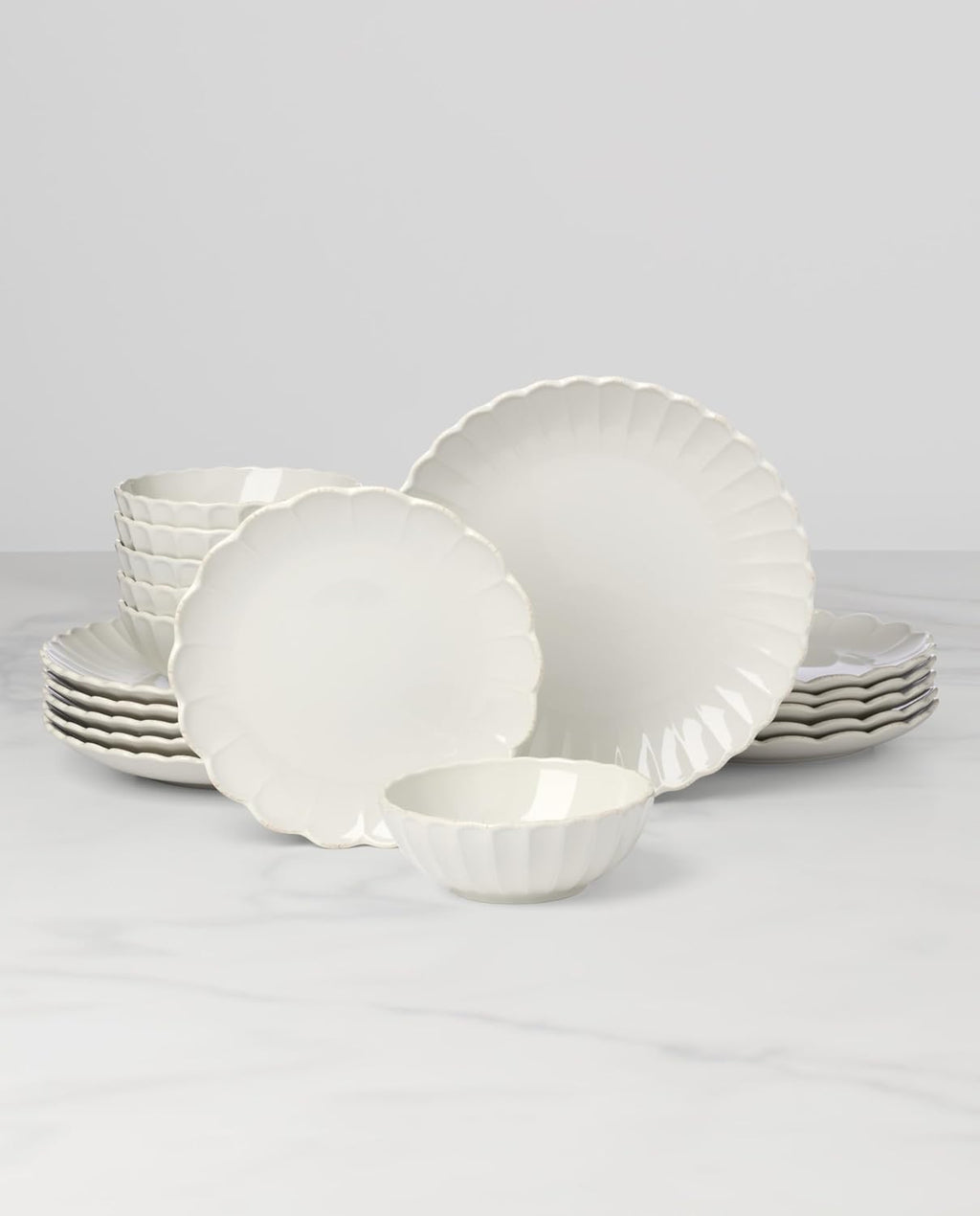 Lenox Dinnerware Sets, French Perle Scallop White 18-Piece Dinnerware Set, Service For 6, Stoneware Material, Dishwasher Safe, Microwave Safe, Bowls, Plates And Bowls, Dinner Dishes (White, 18 Piece)