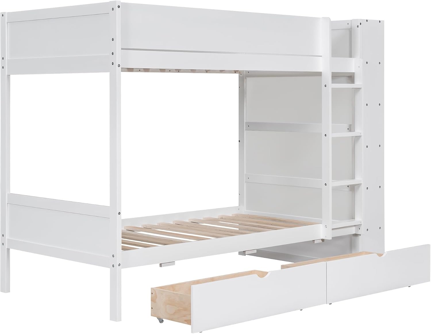 Twin Over Twin Bunk Bed with Bookcase, Wood Bunk Bed Frame with 2 Drawers and Multi-Layer Cabinet Storage Shelves, Bed with High Guardrails for Kids Teens(White, Twin)