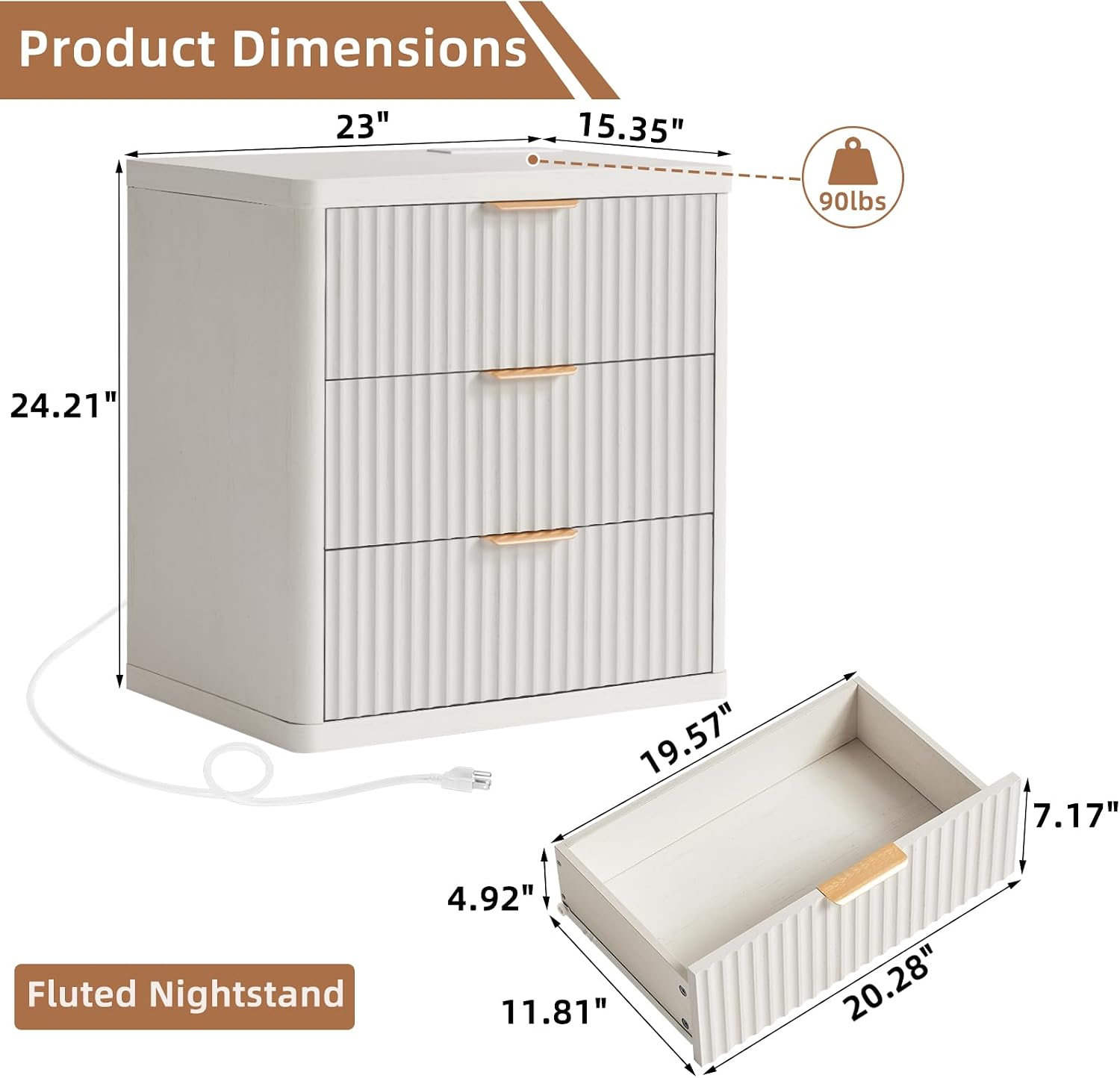 LEYAOYAO 23' Wide Fluted Night Stand with Charging Station,3 Drawers Large End Table with Storage,White Nightstand Wood Bedside Tables, Farmhouse Cabinet Dresser for Bedroom,Closet