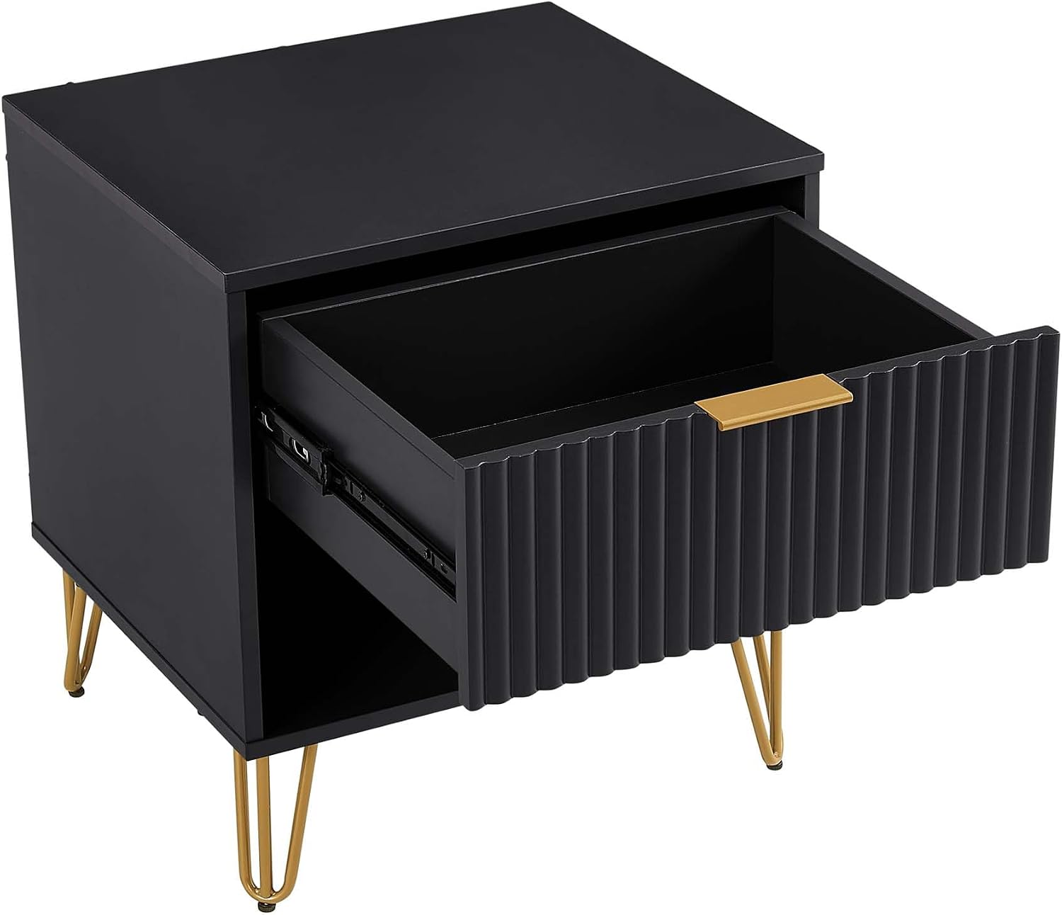 Manhattan Comfort Dumbo 2 Piece Modern Set, 3 Drawer Dresser & 1 Drawer Nightstand with Fluted Ribbed Front, Gold Metal Legs, No Tool Assembly, Storage Cabinet for Bedroom or Living Room in Black