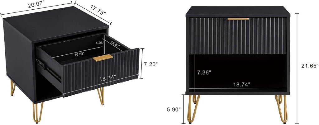 Manhattan Comfort Dumbo 2 Piece Modern Set, 3 Drawer Dresser & 1 Drawer Nightstand with Fluted Ribbed Front, Gold Metal Legs, No Tool Assembly, Storage Cabinet for Bedroom or Living Room in Black