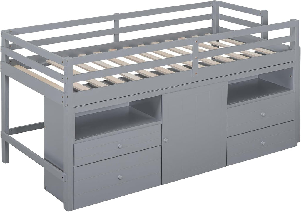 JIVOIT Twin Size Loft Bed with 4 Drawers, Underneath Cabinet and Shelves, Muti-Functional Loft Bed with Full-Length Guardrails and Ladder, Space-Saving Low Loft Bed for Kids Teens (Gray & 4 Drawers)