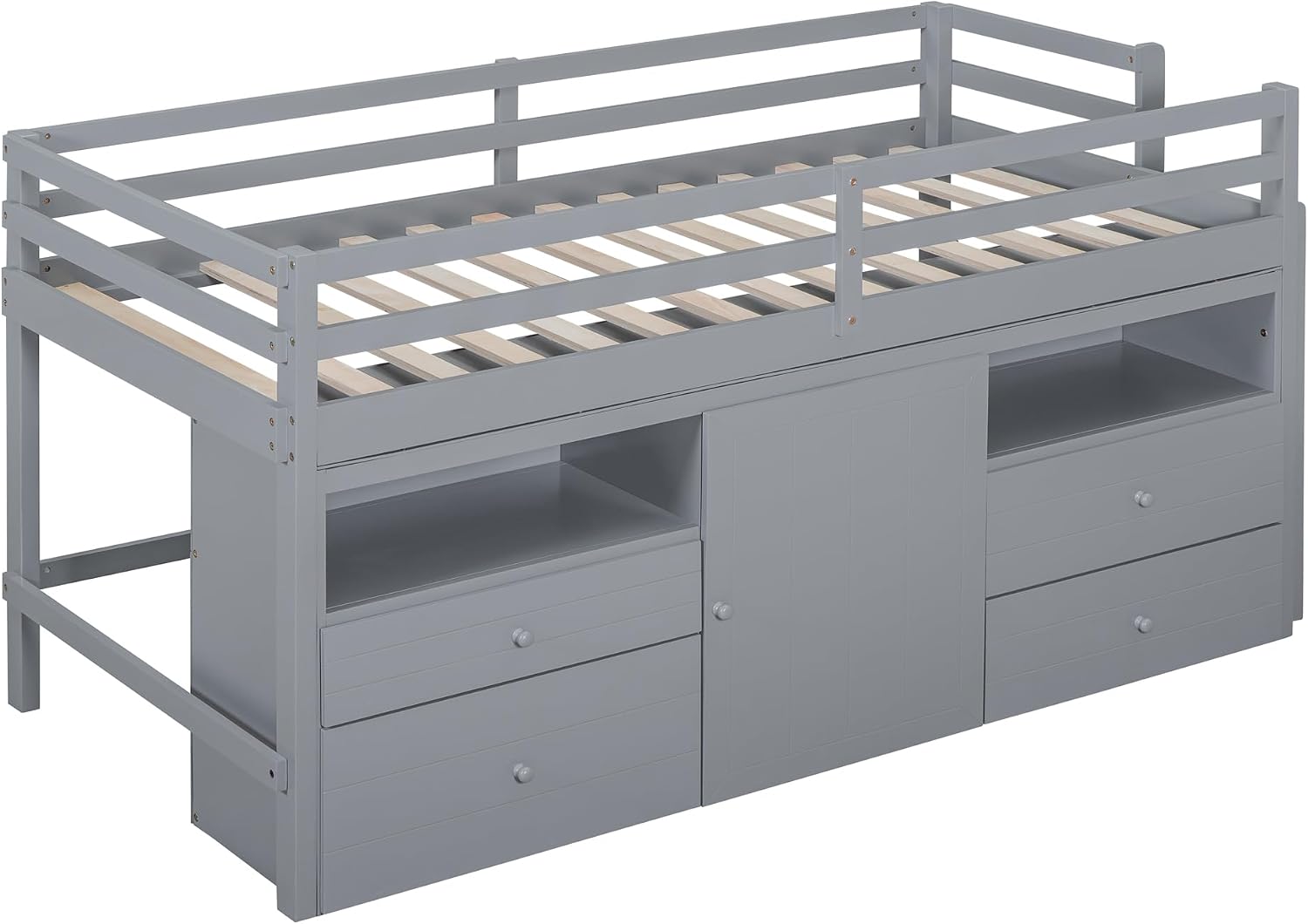 JIVOIT Twin Size Loft Bed with 4 Drawers, Underneath Cabinet and Shelves, Muti-Functional Loft Bed with Full-Length Guardrails and Ladder, Space-Saving Low Loft Bed for Kids Teens (Gray & 4 Drawers)