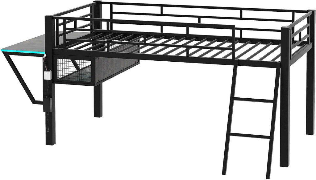 Twin Size Mid Metal Loft Gaming Bed with Desk and LED Lights, Modern Steel Loft Bed Frame with Inclined Ladder and Safety Guardrail for Kids Teens Girls Boys, No Box Spring Needed (Black-08, Twin)