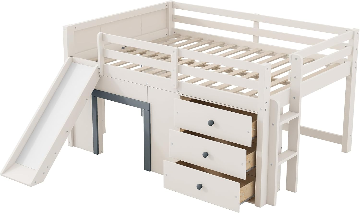 JIVOIT Wooden Low Loft Bed with Slide, Full Size Loft Bed with Three Storage Drawers and Two Doors, Wood Slat Support, No Box Spring Required