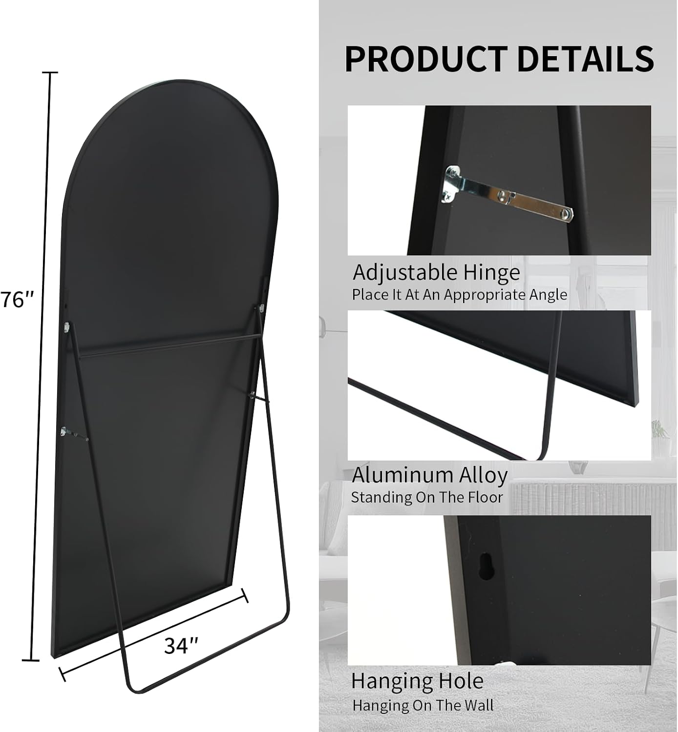 Beauty4U Arched Full Length Mirror 76' x 34', Black Large Full Body Mirror with Stand, Floor Standing & Wall Mounted HD Tempered Glass Dressing Mirror for Bedroom, Living Room, Entryway