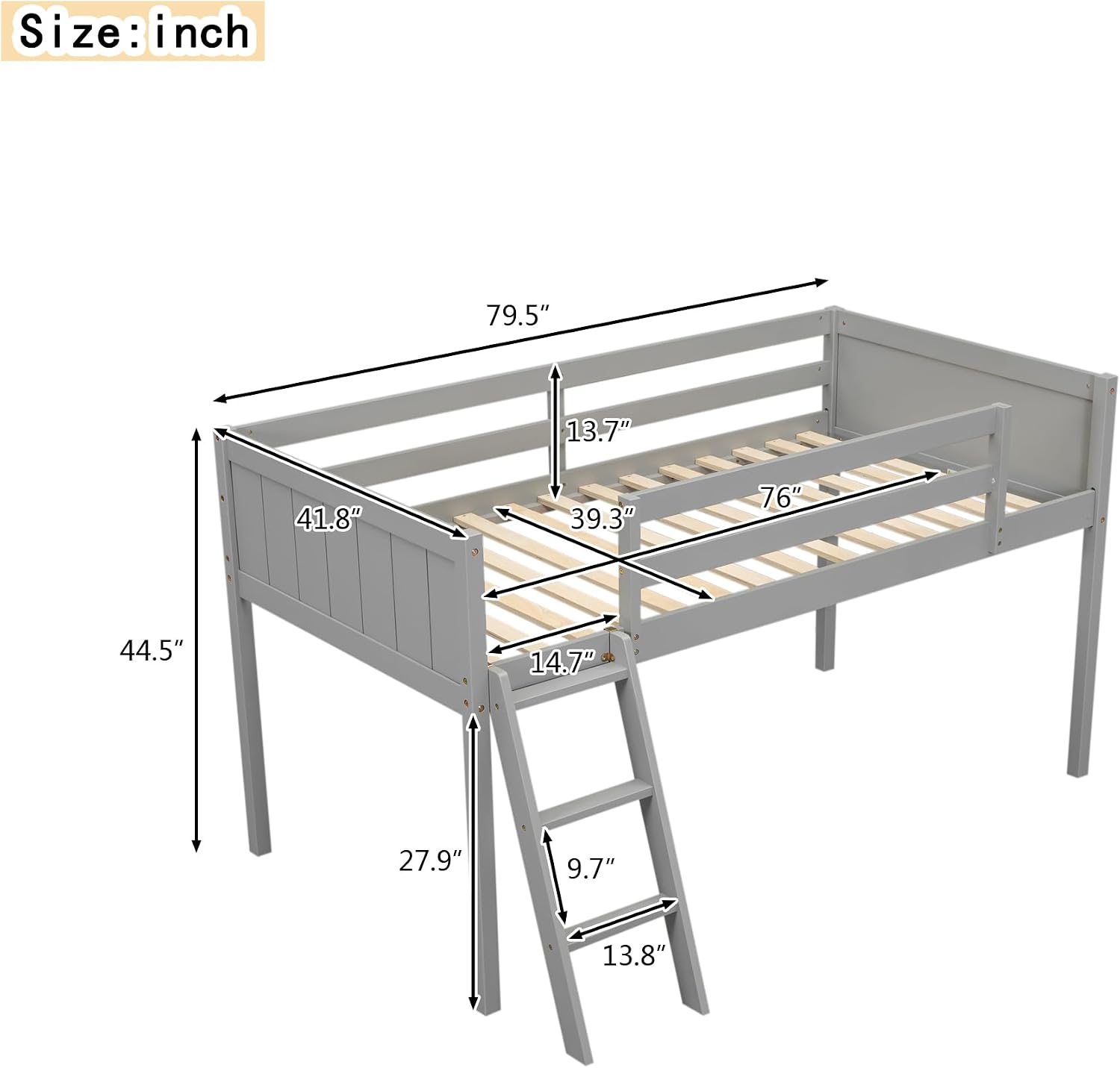 Twin Size Loft Bed, Wood Low Loft Bed with Convertible Ladder, Ladder can be Placed on the Left or Right, Safety Guardrails, Wood Slats Support, No Box Spring Required (Gray & Convertible Ladder)