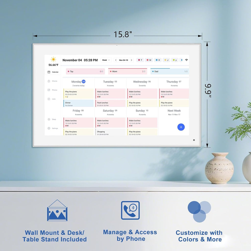15.6 inch Digital Wall Calendar Touchscreen, Chore Chart, IPS FHD,Wall Planner, Smart Family Schedules, Wall Mount Included，Wall Organizer,Meal Planner,Plan Daily Household and Work tasks