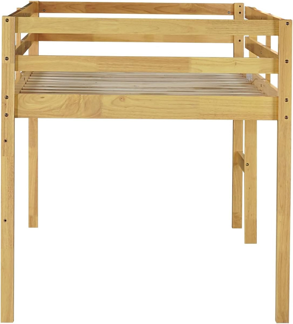 JIVOIT Twin Size Loft Bed with Ladder, Solid Rubber Wooden Low Height Loft Bed, Bed Platform of Strengthened Slats, No Box Spring Needed (Natural//14)