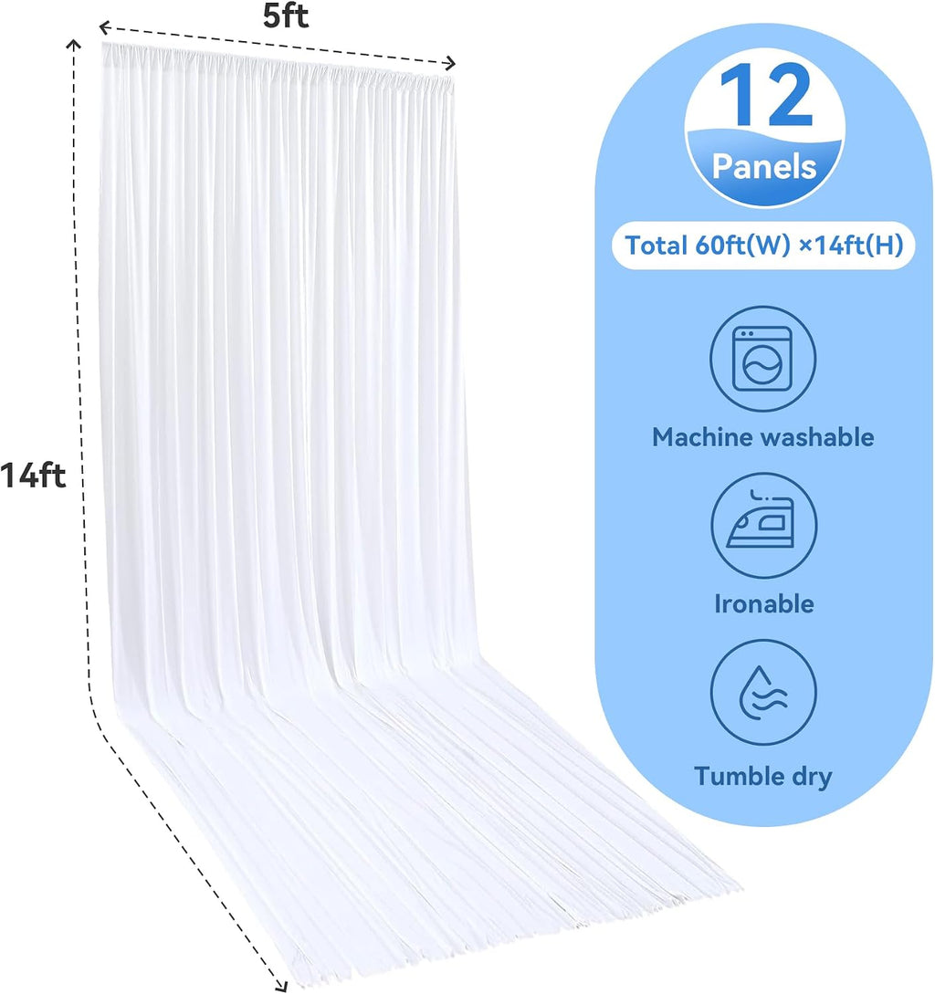 12 Panels 5x14ft White Backdrop Curtains for Parties, Wrinkle Free Polyester White Photo Backdrop Drapes 14 ft Long Back Drop Cloth for Wedding Birthday Photography Background Party