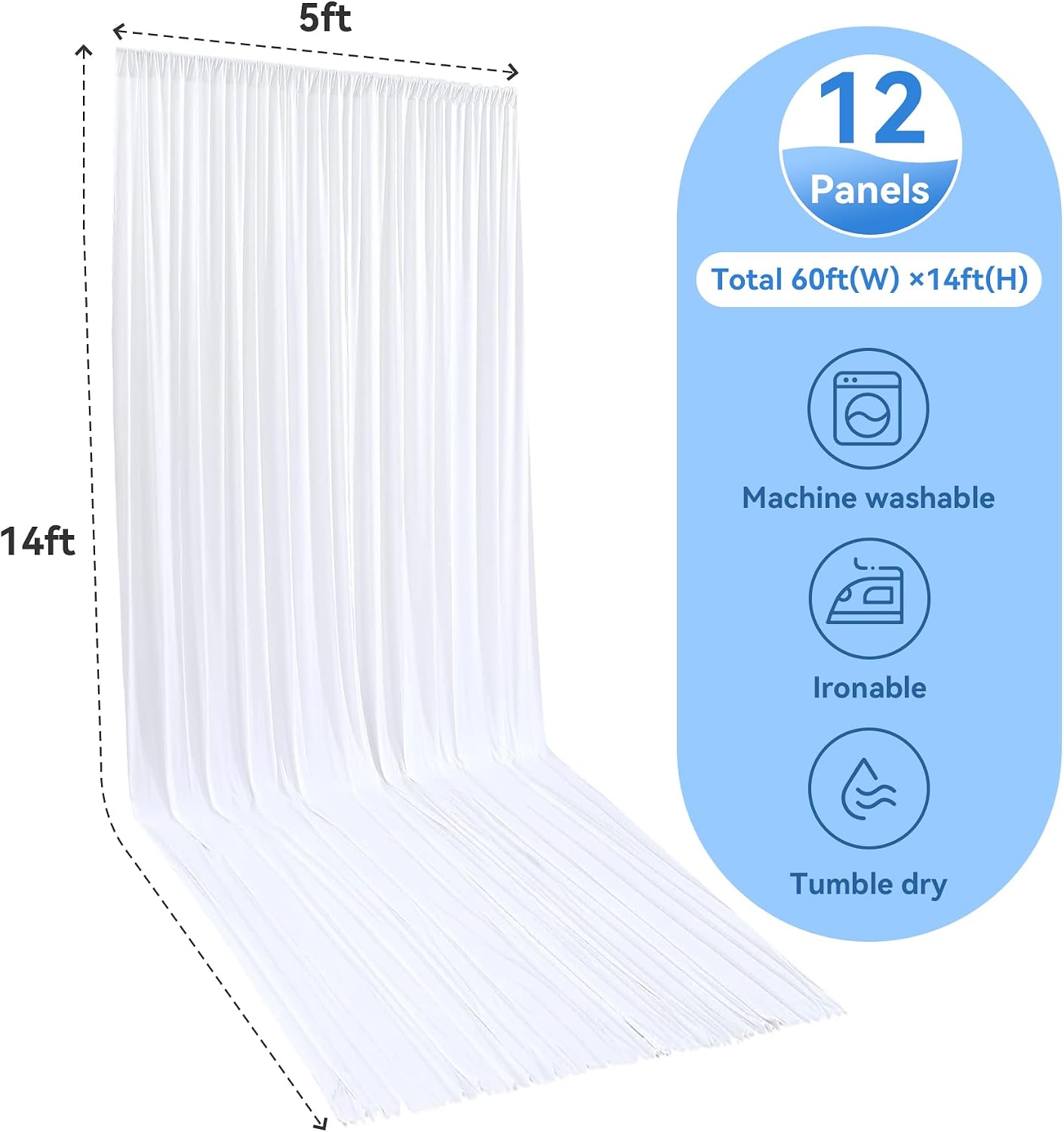 12 Panels 5x14ft White Backdrop Curtains for Parties, Wrinkle Free Polyester White Photo Backdrop Drapes 14 ft Long Back Drop Cloth for Wedding Birthday Photography Background Party