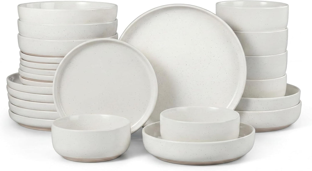 HaWare 24-Piece Plates and Bowls Set for 6, Stoneware Dinnerware Sets with Pasta Bowl, Dishes Set for Home Restaurant, Speckled Milky White