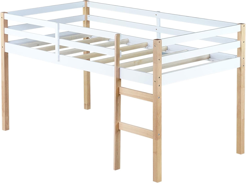 JIVOIT Solid Wooden Twin Loft Bed with Ladder, Rubber Wood Bed Frame with Ladder, Platform of Strengthened Slats, Low Height Design Loft Bed, No Box Spring Needed