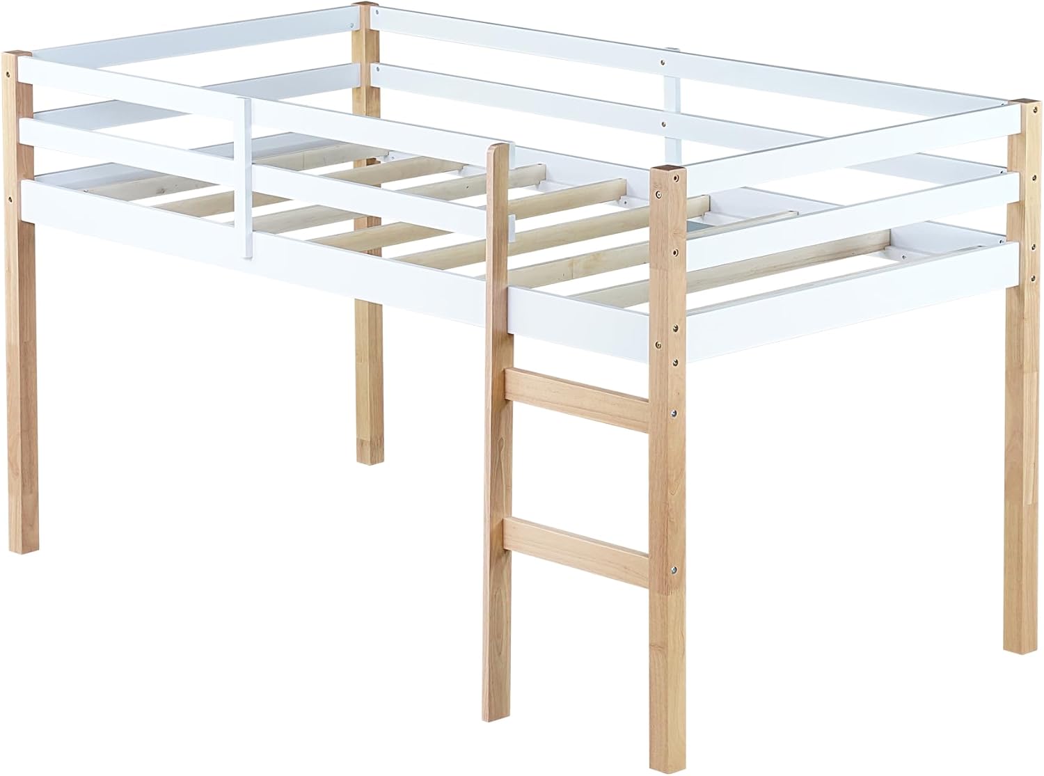 JIVOIT Solid Wooden Twin Loft Bed with Ladder, Rubber Wood Bed Frame with Ladder, Platform of Strengthened Slats, Low Height Design Loft Bed, No Box Spring Needed