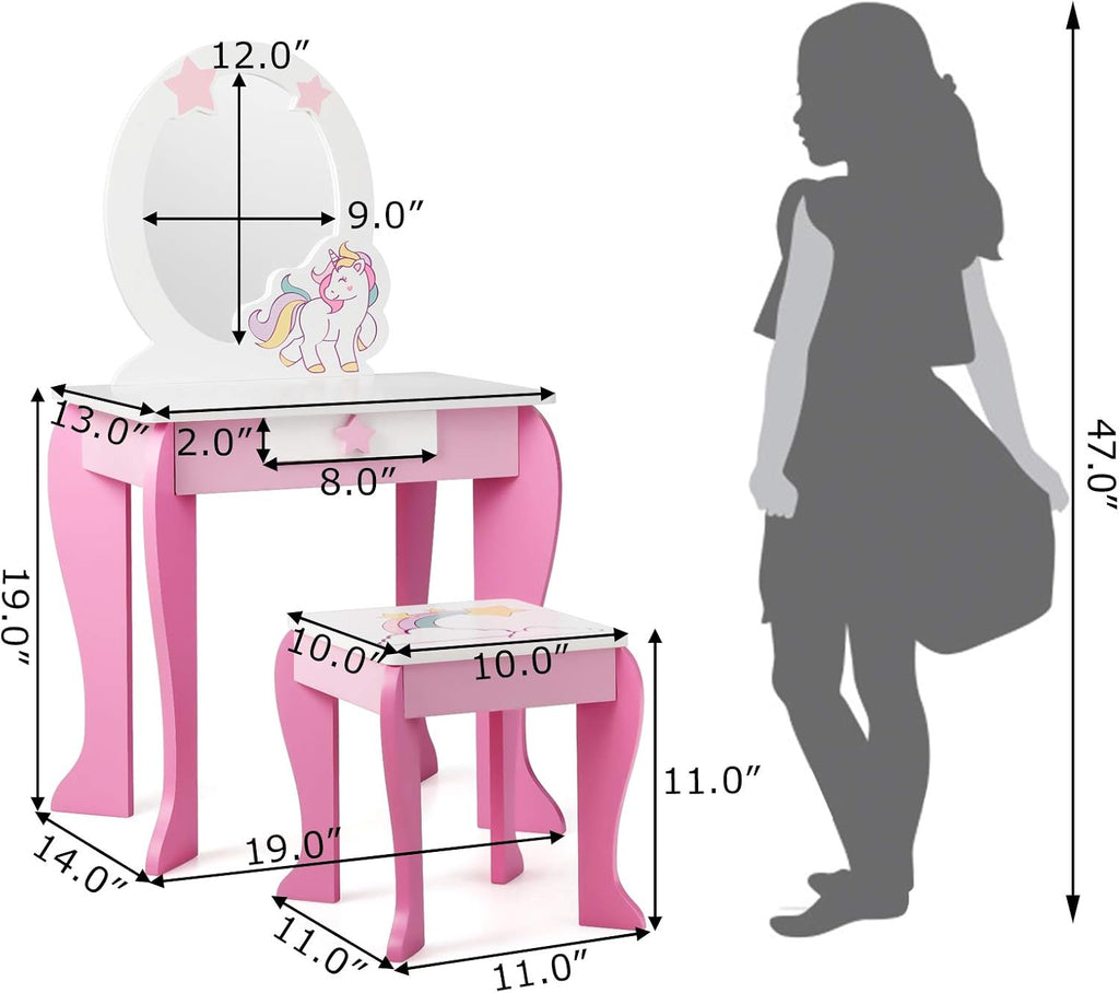GLACER Kids Vanity & Kids Jewelry Armoire, Princess Little Girls Vanity, Standing Children Jewelry Organizer w/Full-Length Mirror & Foldable Drawers, Adjustable Angles, Kids Bedroom Set (Pink)