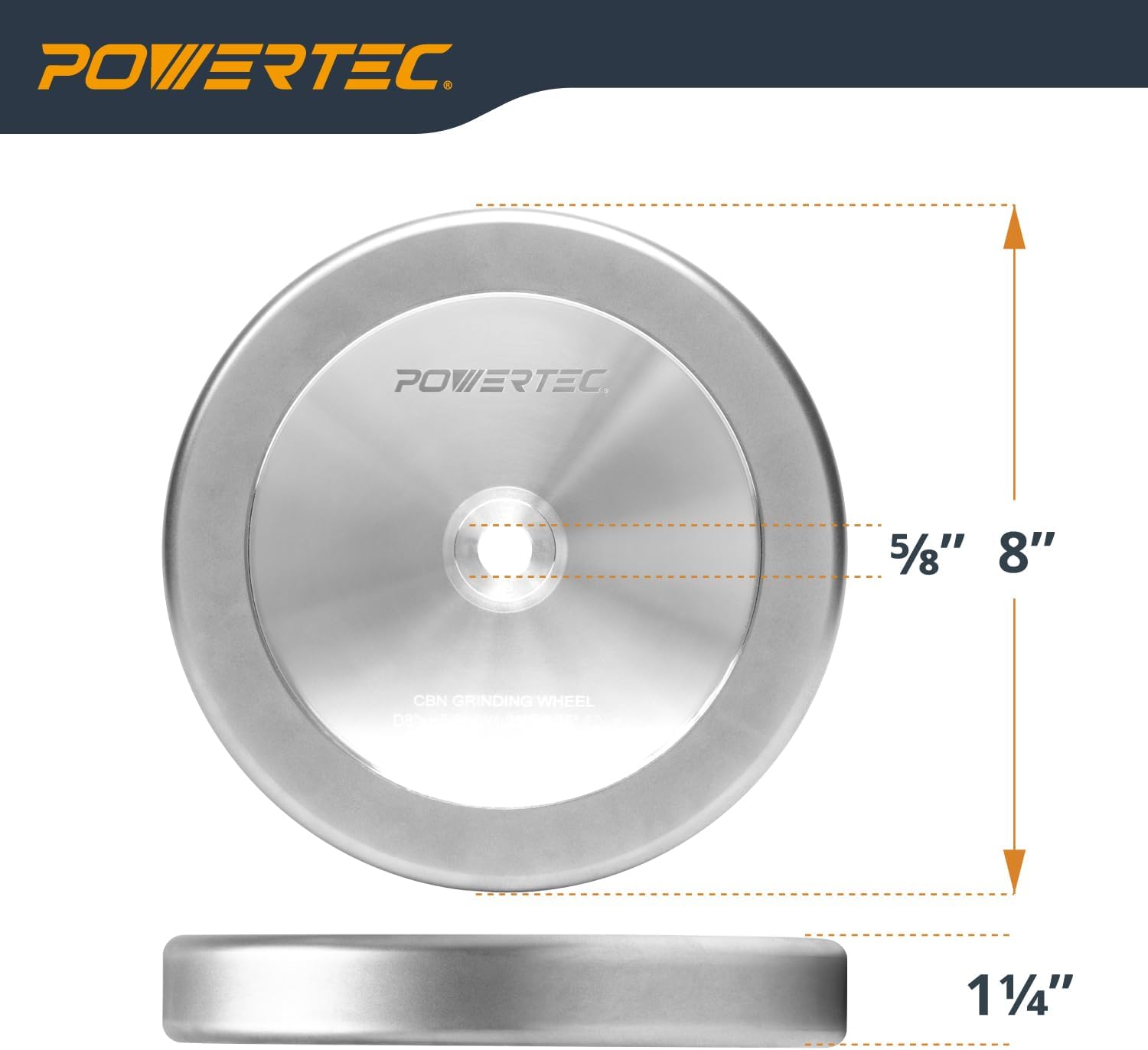 POWERTEC CBN Grinding Wheel 8 Inch 600 Grit, 1-1/4' Wide, 5/8' Arbor – 4-in-1 CBN Sharpening Wheel with 1/4' Radius Edge and Side Face for Bench Grinder (15706)
