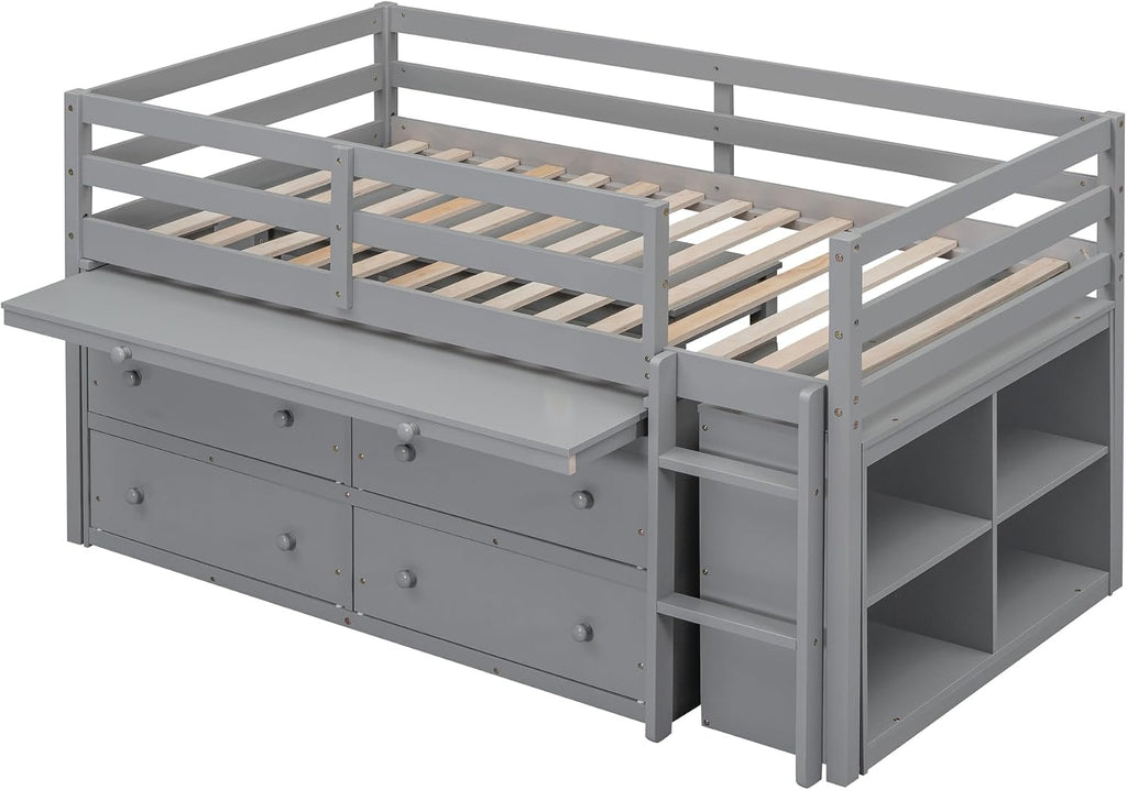 JIVOIT Twin Size Low Loft Bed with Retractable Writing Desk, Storage Bed with 4 Drawers and Shelves, Wooden Loft Bed with Lateral Portable Desk for Kids Teens Adults Bedroom (Gray,Twin,9)