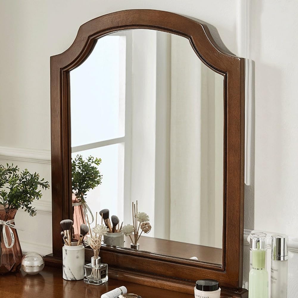 Vintage Vanity Desk with Mirror, Wooden Dressing Table Set for Bedroom with 2 Drawers, Cushioned Stool for Girls Women