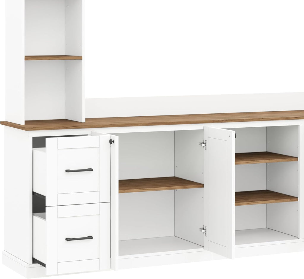 4-Piece Entertainment Center Wall Unit for TVs up to 70', Large TV Stand with Bookcase, 6 Drawers & Adjustable Shelves, Elegant Large Wall Media Console Unit for Living Room, White
