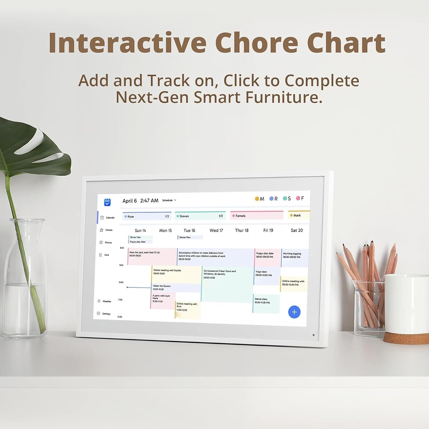 WALFRONT 15.6 Inch Smart Digital Calendar 1080P Wall Desk Mount Electronic Chore Chart with Stand FHD Interactive Touch Screen for Family Schedules (White)