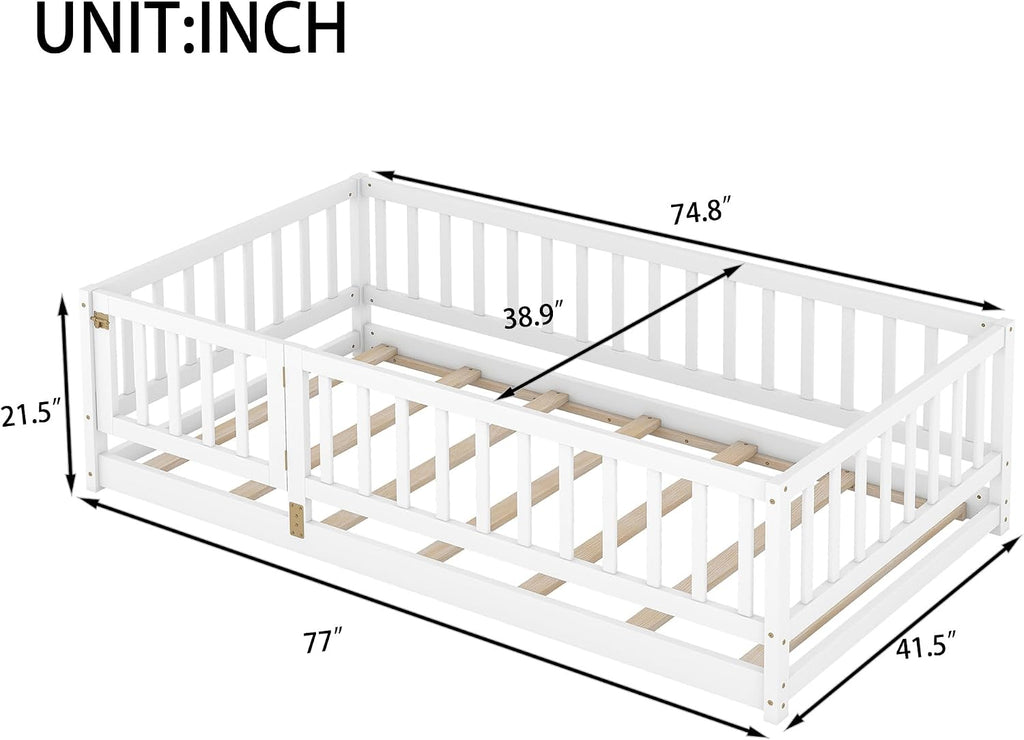 KEIKI Twin Size Wooden Floor Bed, Montessori Platform Bed Frame with Door & Safety Rails, Space Saving Kids Beds for Boys Girls Bedroom, No Box Spring Needed, Easy Assembly, Noise Free, White