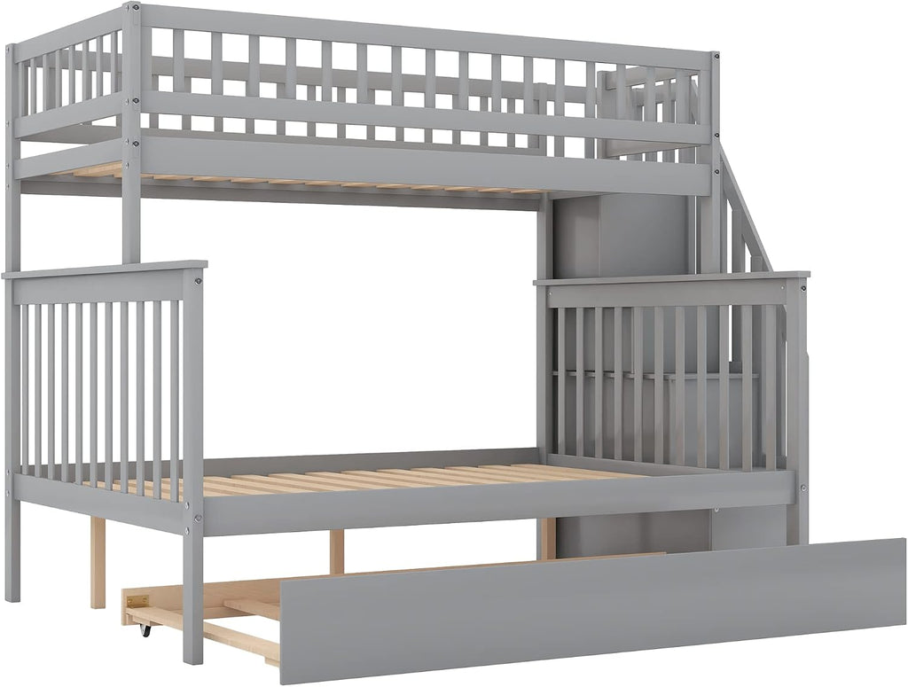 Harper & Bright Designs Bunk Beds Twin Over Full Size, Solid Wood Bunk Bed with Trundle for Kids