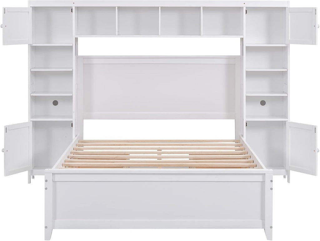 Harper & Bright Designs Full Size Platform Bed with Bookcase Headboard and 4 Storage Drawers, Solid Wood Bed Frame with Cabinet and Bookshelf, No Box Spring Needed - White